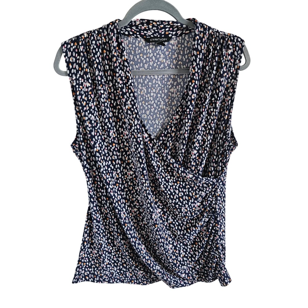 41 Hawthorn Womens XL Navy Blue Abstract Dot Faux Wrap Surplice Ruched Tank Top